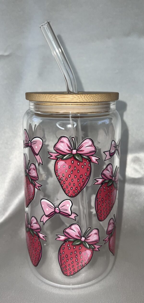 Strawberry with bow,clear glass can. - Image 2