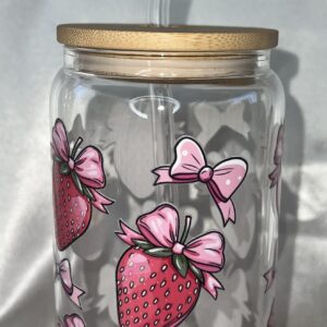 Strawberry with bow,clear glass can.
